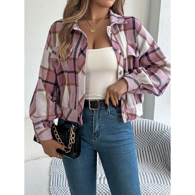 Women's Shirt Jacket Casual Jacket Comfortable Breathable Buttons Print Casual Plaid Vacation Street Casual Daily Wear Single Breasted Short Stand Collar Regular Fit Long Sleeve Outerwear Pink2