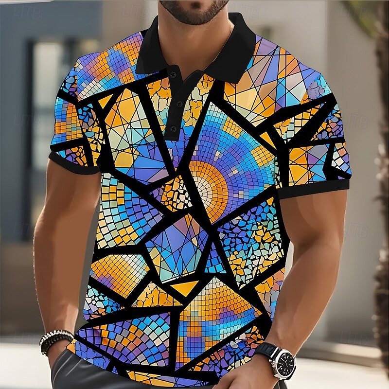 Men's Abstract Geometic Polo Short Sleeve Polo Shirts Collared Shirts Casual Athleisure Daily Wear Streetwear Buttons Summer Blue Purple Orange3