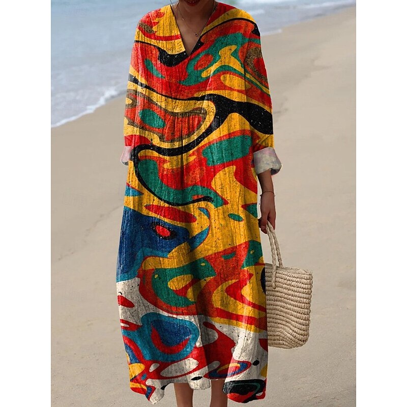 Women's Midi Dress V Neck Long Sleeve Kaftan Lightweight Loose Fit Shift Dress Casual Going out Loose Fit Graphic Geometric Long Sleeve V Neck Yellow Light Green Red Green Fall3