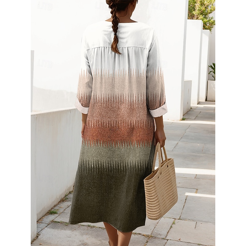 Women's Midi Dress V Neck Long Sleeve Kaftan Lightweight Loose Fit A Line Dress Casual Daily Loose Fit Graphic Geometric Long Sleeve V Neck Blue Purple Brown Green Fall2