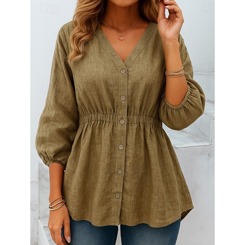 Women's Cotton Linen Shirts Solid Color Basic Casual 3/4 Length Sleeve V Neck Regular Tops Daily Buttons Blue Khaki Apricot Summer Spring2