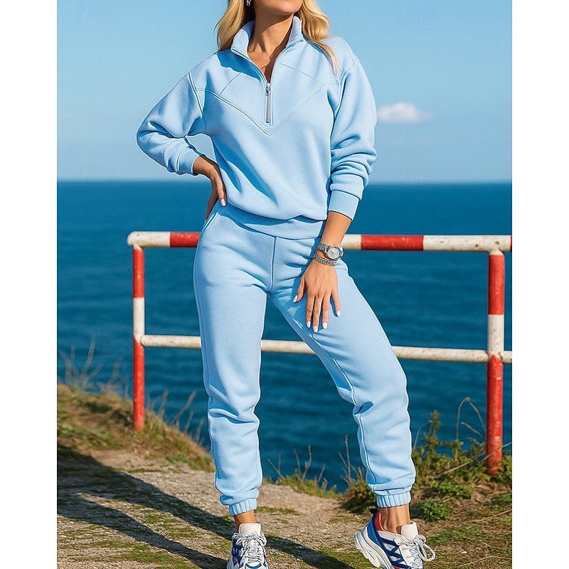 Women's Tracksuit Sweatpants Pullover Sweatshirt Quarter Zipper Solid Colored Clothing Suit Fall & Winter White Blue Hiking Workout Athletic Thermal Warm Windproof Lightweight Long Sleeve Sport