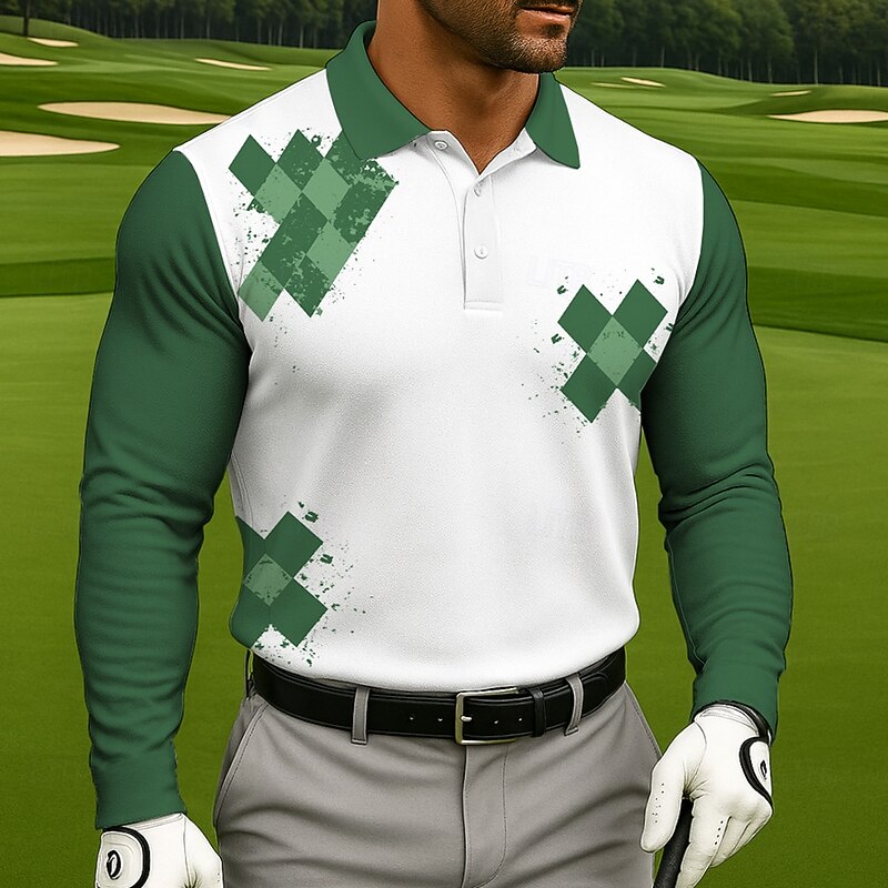 Men's Geometric Golf Polo Sports Polo Shirts Long Sleeve Polo Shirts Collared Shirts Casual Sports 3D Print Spring Fall Black Blue Purple3