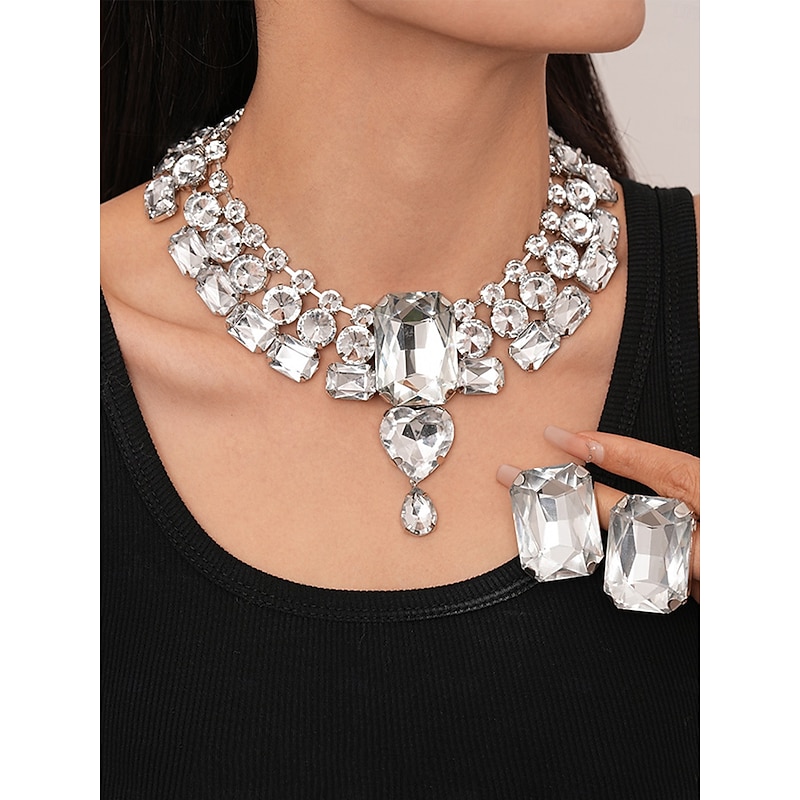 Women's Statement Silver Crystal Choker Necklace and Earring - Glamorous Big Rhinestone Jewelry for Parties, Weddings, and Formal Events