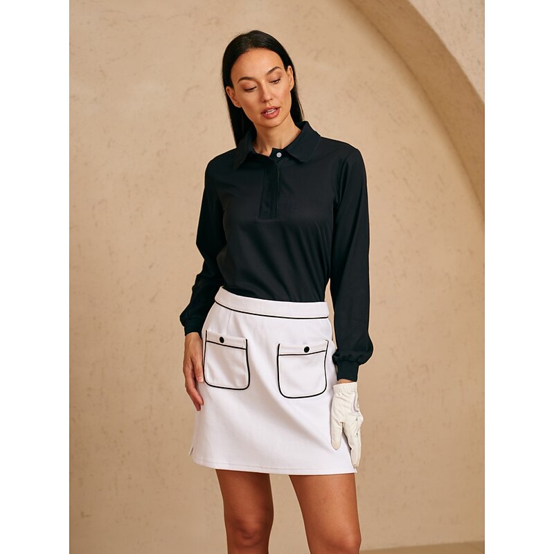 Women's Golf Polo Shirt Button Up Polo Black White Long Sleeve Top Ladies Golf Attire Clothes Outfits Wear Apparel2