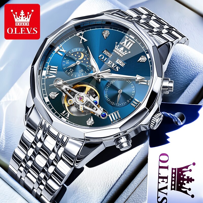 OLEVS Men Mechanical Watch Outdoor Fashion Casual Wristwatch Automatic Self-winding Moon phase Luminous Perpetual Calendar Steel Watch3