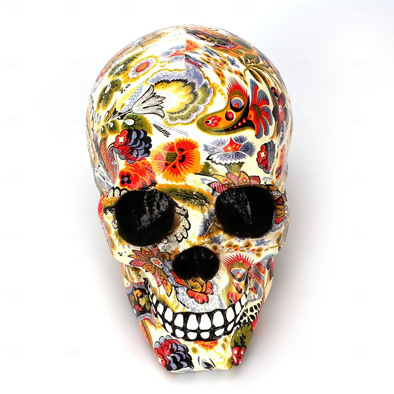 Halloween Resin Figurine 3D Water Transfer Printed Vintage Skull Ornament Trendy Pattern Resin Desktop Decoration Gothic Home Accent Spooky Halloween Craft Display4