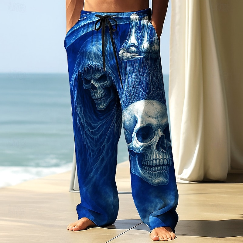 Men's Trousers Baggy Pants Casual Pants Elastic Drawstring Waist Linen-Like Pants with Pockets Skull Skeleton Halloween Costumes Full Length Outdoor Holiday Dark Gothic Style Black Blue Inelastic3
