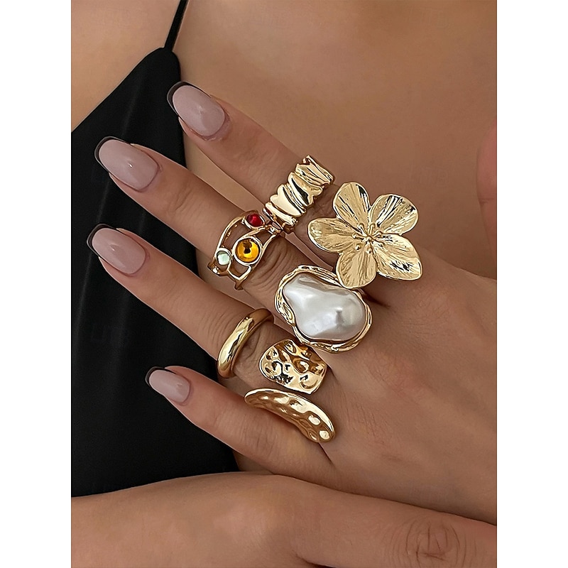 Women's 6-Piece Vintage Gold Ring Set with Pearl, Floral, and Gemstone Accents – Fashion Statement Alloy Rings for Party and Daily Wear2