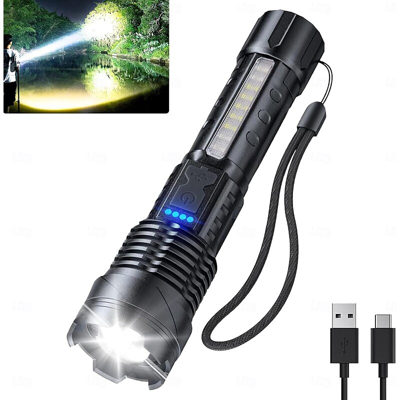 Rechargeable Tactical Flashlight, Powerful flashlights high lumens with 7 Light Modes, Cob Warning Side Light, IPX6 Waterproof, Zoomable Beam, Emergency Handheld Flash Light for Camping Home