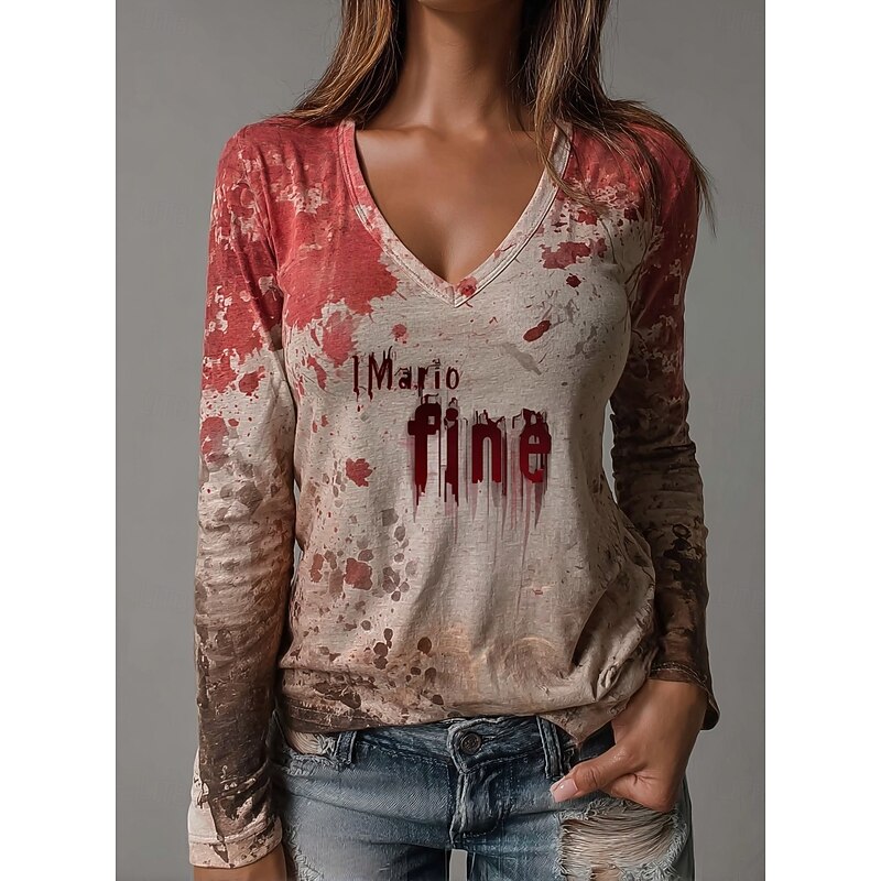 Halloween Women's T Shirt Bloodstain V Neck Long Sleeve Tunic Graphic Abstract Marble Vintage Fashion Stylish Regular Tops Daily Weekend Print Khaki Summer Fall Winter Spring, Fall, Winter, Summer
