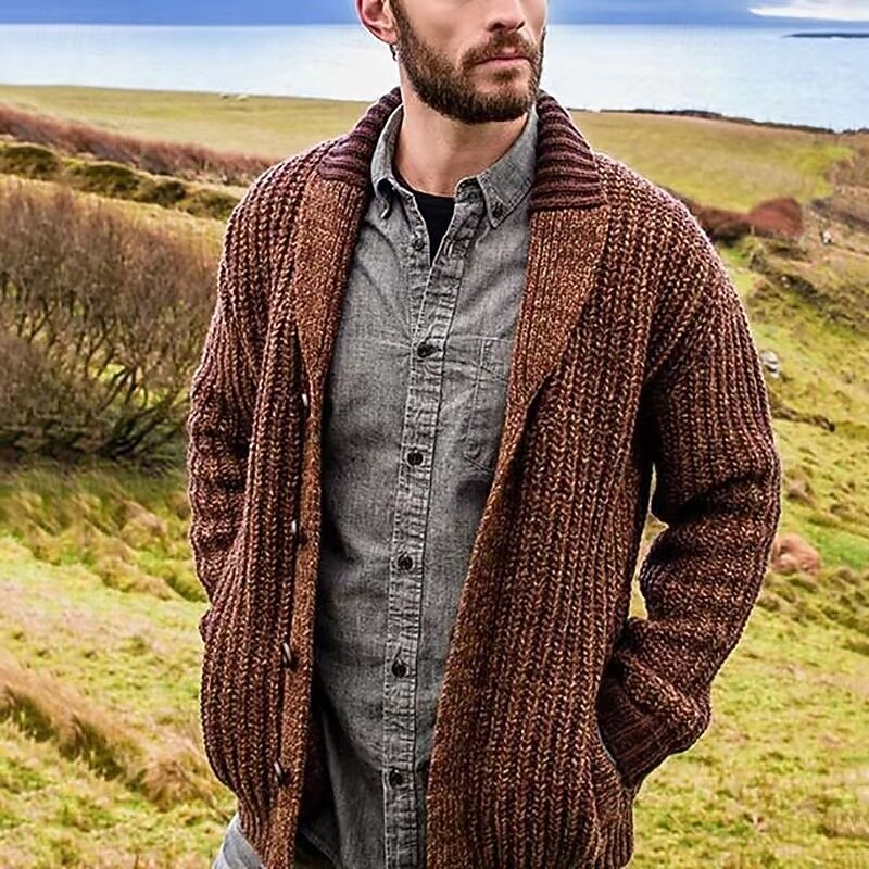 Men's Sweater Cardigan Sweater Ribbed Knit Regular Tops Button Up Plain Shawl Collar Vacation Fashion Casual Daily Wear Clothing Apparel Spring &  Fall dark brown caramel S M L4