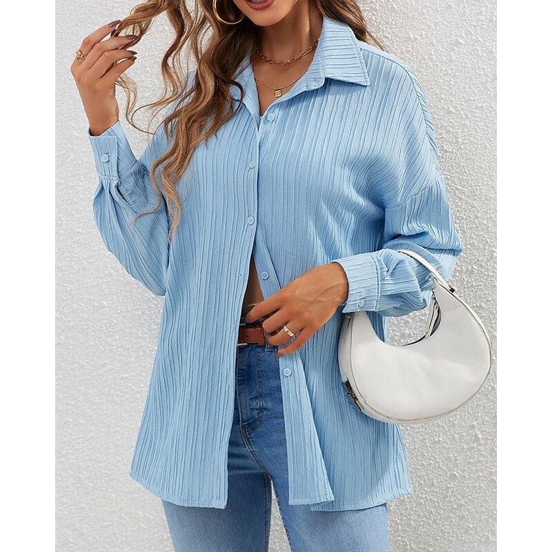 Women's Shirt Texture Blouse Plain Daily Stylish Basic Long Sleeve Shirt Collar Regular Tops Work Daily Holiday Buttons Blue Spring Fall3