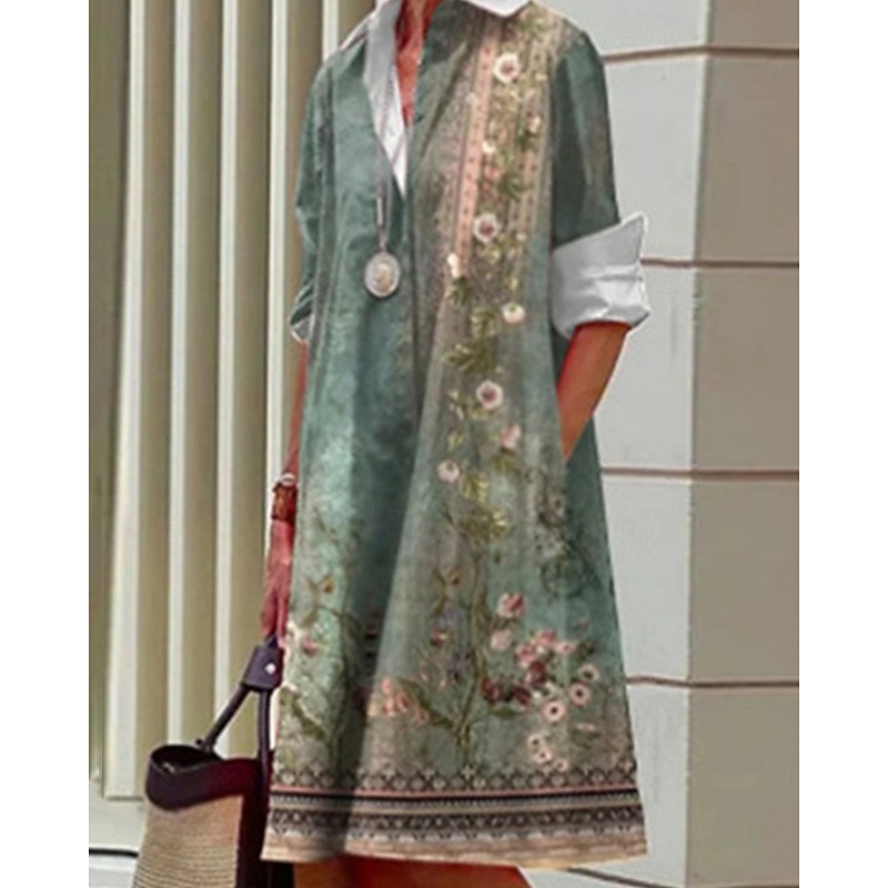 Women's Midi Dress Shirt Dress Casual Dress Fashion Modern Daily Beach Weekend Regular Fit Flower Long Sleeve Shirt Collar Black Blue Orange Green Spring Fall2