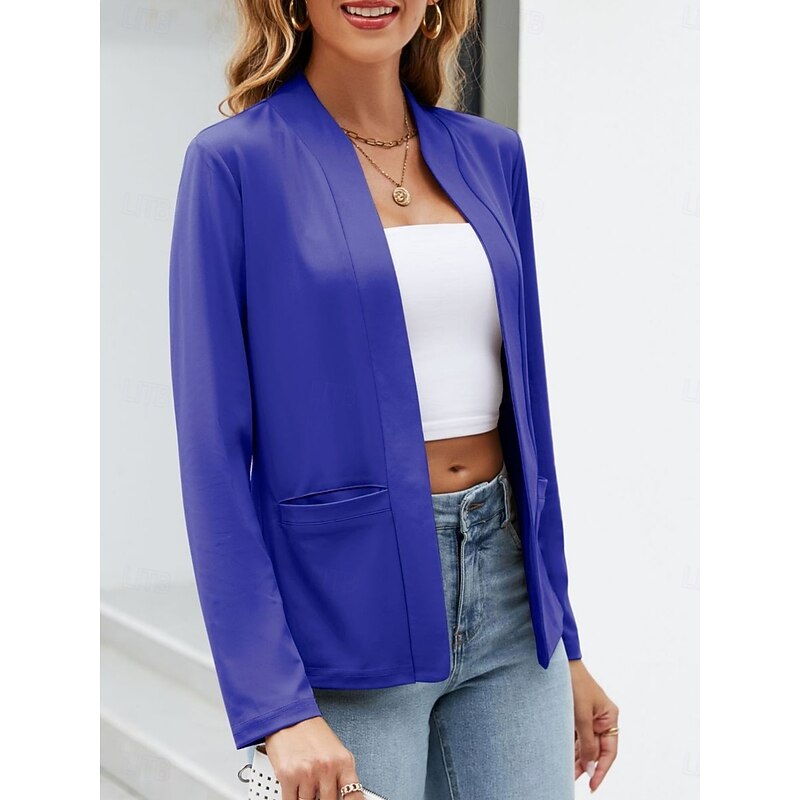 Women's Blazer Comfortable Breathable Pocket Casual Plain Office Street Casual Daily Wear Open Front Regular Stand Collar Regular Fit Long Sleeve Outerwear Navy White Blue Summer Spring
