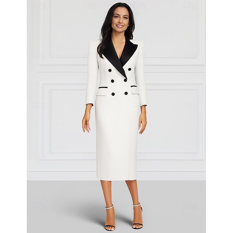 Tuxedo Dress Sheath / Column Formal Stretch Crepe Elegant Long Sleeve Tea Length Peak Lapel3