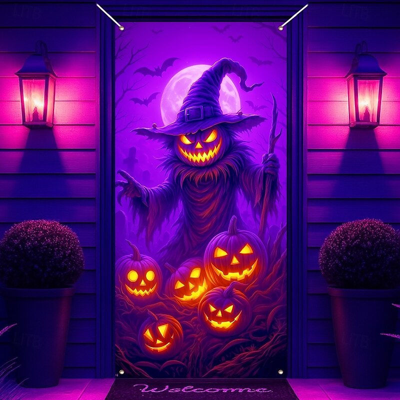 Halloween Door Cover Neon Pumpkin Face through Window Banner, Glowing Blacklight Entrance Decoration for Outdoor & Indoor 2025 Halloween Bedroom, Living Room, Bathroom