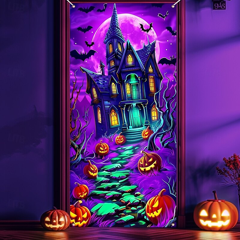 Halloween Door Cover Neon Haunted House with Full Moon Banner, Glowing Blacklight Entrance Decoration for Outdoor & Indoor 2025 Halloween Bedroom, Living Room, Bathroom