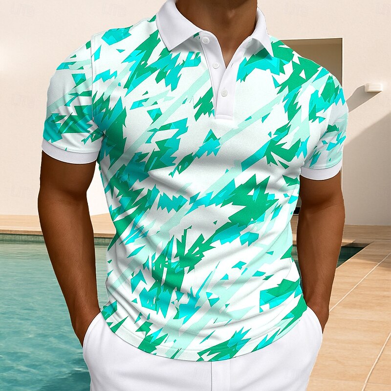 Men's Geometric Polo Short Sleeve Polo Shirts Collared Shirts Casual Athleisure Daily Wear Buttons Summer White Light Green Blue3