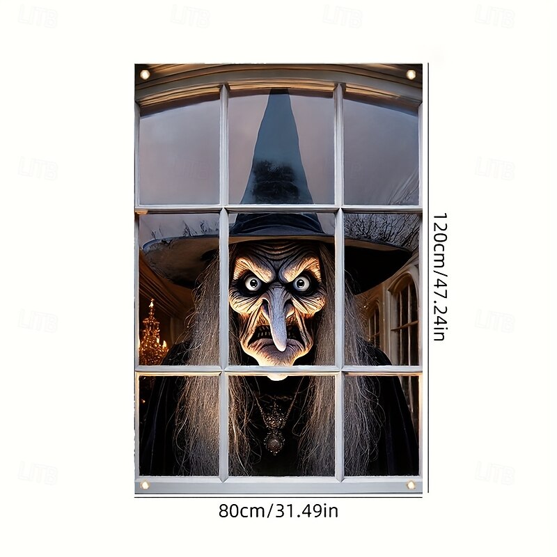 2D Door Banner 1pc Spooky Halloween Witch Polyester Window Door Banner - Multipurpose Durable Washable No Electricity Needed Indoor/Outdoor Use3