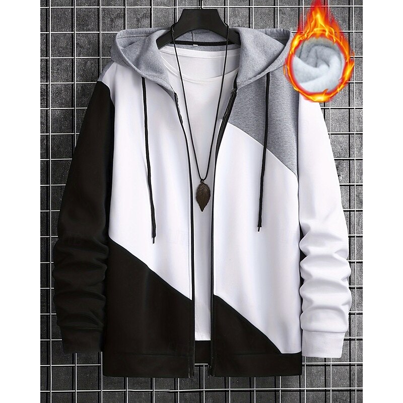 Men's Hoodie Full Zip Hoodie Zip Up Hoodies Fleece Jacket Fleece Hoodie White Hooded Plain Patchwork Pocket Sports & Outdoor Daily Holiday Polyester Streetwear Basic Casual Fall Winter Clothing