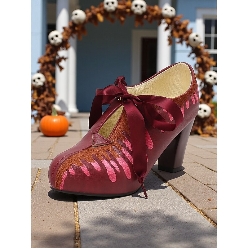 Women's Brown Halloween Costume Heels – Vintage Lace-Up Pumps with Pink Embroidery and Satin Ribbon, Unique Statement Shoes for Parties, Cosplay, and Fall Festivals4