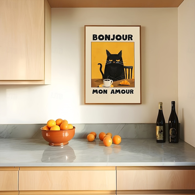 Vintage-Inspired 1pc Black Cat Breakfast Art Poster - Bonjour Mon Amour  Unframed Canvas Print for Kitchen Dining Room or Bedroom French-Themed Cat Illustration with Warm Tones Contemporary Art2