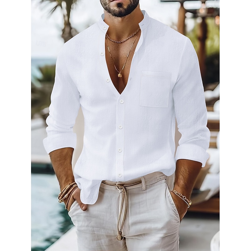 Men's Shirt Linen Shirt Summer Shirt Beach Wear Button Up Shirt Plain Vacation Daily Black White Yellow Navy Blue Long Sleeve Band Collar Summer Spring & Summer Clothing Apparel Pocket2