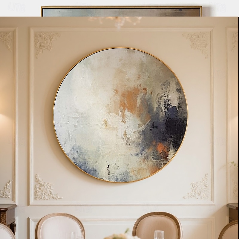 Handmade Circular Abstract Oil Painting Bold Impasto Brushstrokes Textured Surface Earthy Ochre Amber Haze Midnight Blue Accents Modern Gallery Canvas Black Floating Frame Artistic Tension Minimalist