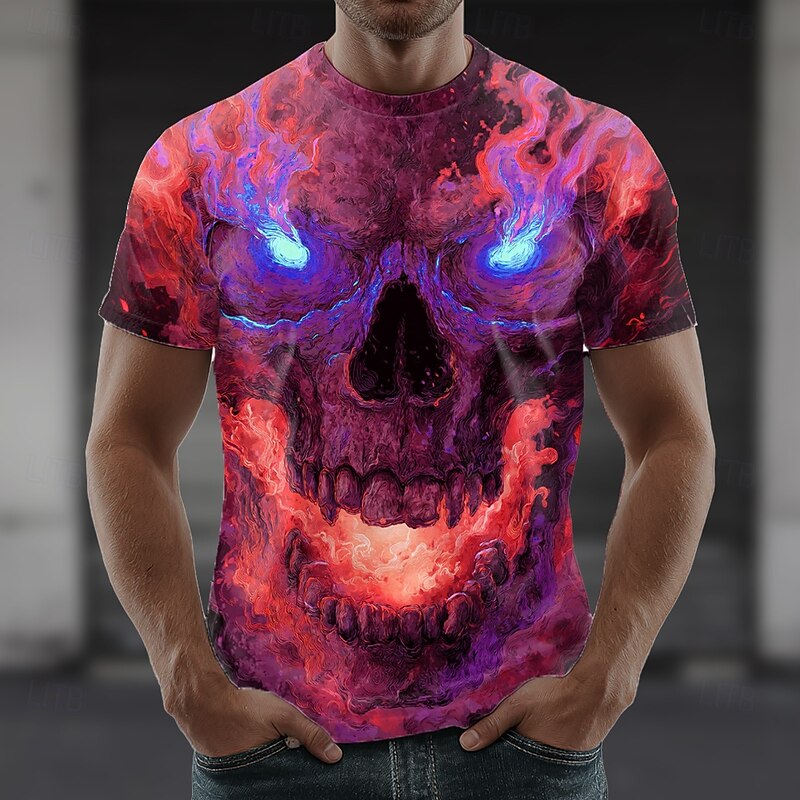 Halloween Men's Skull Optical Illusion 3D T Shirt Short Sleeve T shirt 3D Print Crew Neck Shirt Exaggerated Designer Horror Party Street Casual Red Purple Green Summer Spring All Seasons Clothing4