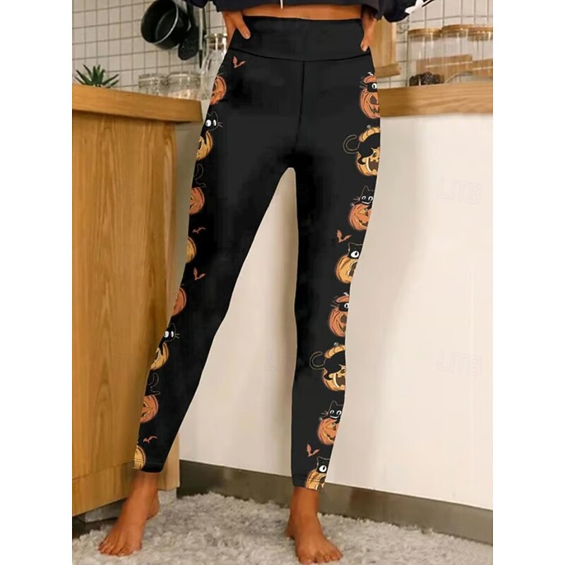 Women's Leggings Vacation Vintage Fashion Ankle-Length High WaistPantsHalloween Graphic Pumpkin Printing Soft Breathable Stretchy Outdoor Daily Dark Grey Black Orange Spring Fall Winter Slim Fit4