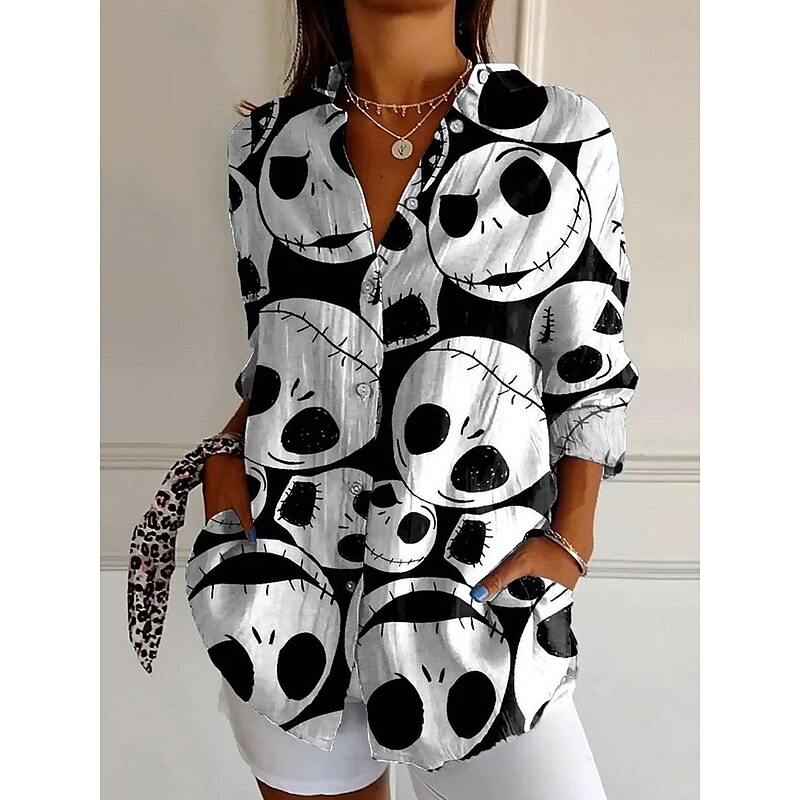 Halloween Women's Shirt Button Down Tunic Shirt Collar Long Sleeve Bat Graphic Skull Elegant Vintage Tropical Regular Tops Work Daily s Print Black White Purple Spring3