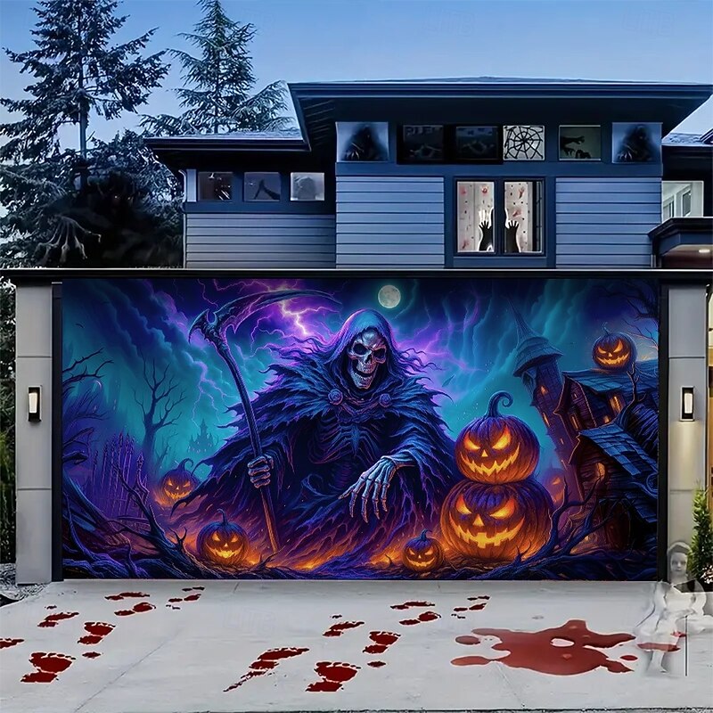 Halloween Garage Door Cover Neon Grim Reaper with Jack-o'-Lanterns Banner, Glowing Blacklight Backdrop Decoration for Holiday Outdoor Garage Door and Home Wall, 2025 Halloween Decorations4