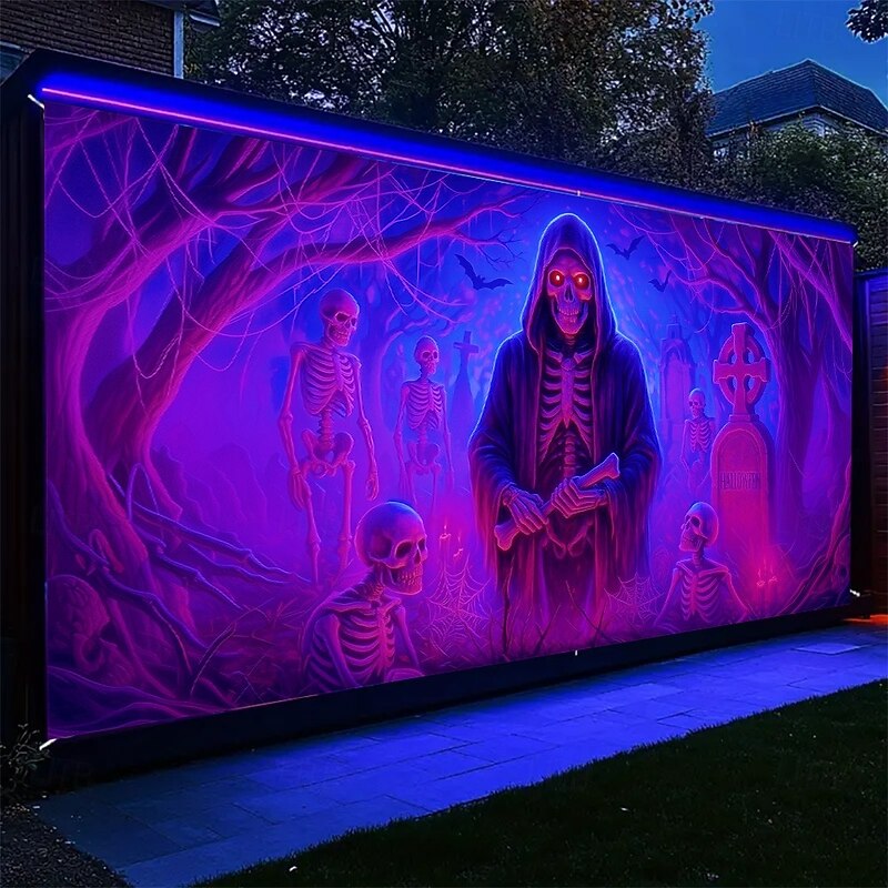 Halloween Garage Door Cover Neon Grim Reaper with Pumpkins Banner, Glowing Blacklight Backdrop Decoration for Holiday Outdoor Garage Door and Home Wall, 2025 Halloween Decorations2