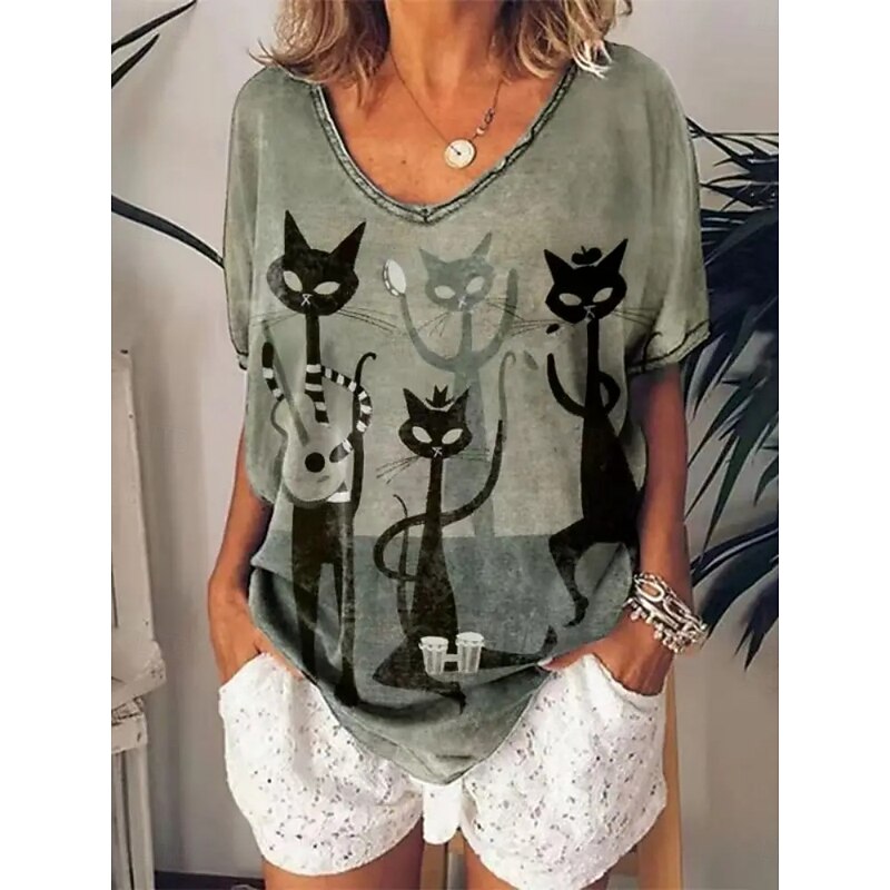 Halloween Women's T shirt Black Cat Cat Vintage Casual Short Sleeve V Neck Regular Tops Daily Weekend Print Black White Orange Green Summer2
