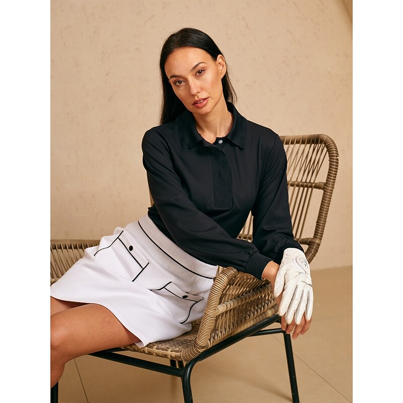 Women's Golf Polo Shirt Button Up Polo Black White Long Sleeve Top Ladies Golf Attire Clothes Outfits Wear Apparel