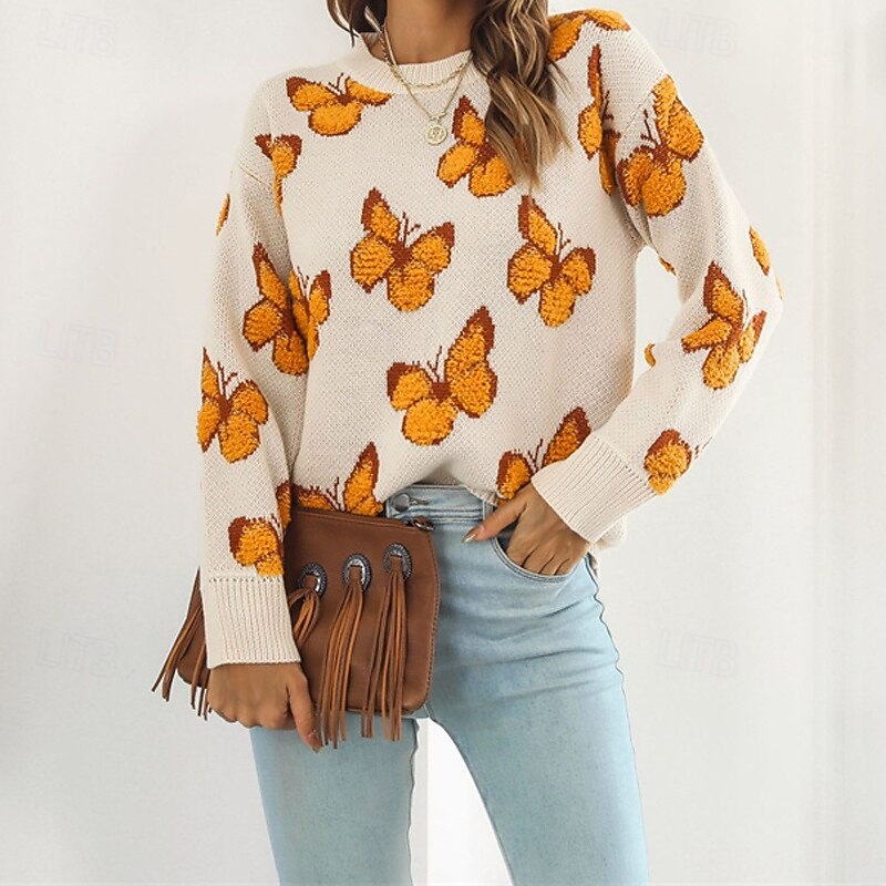 Women's Pullover Casual Butterfly Chunky Crew Neck Knitted Long Sleeve Regular Tops Knit Daily Holiday Going out Blue Purple Fall Winter4