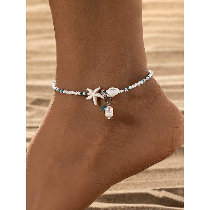 Women's Bohemian Starfish Beaded Anklet – Adjustable Beach Shell Foot Jewelry with Pearls and Charms for Summer Vacations, Festivals or Daily Wear