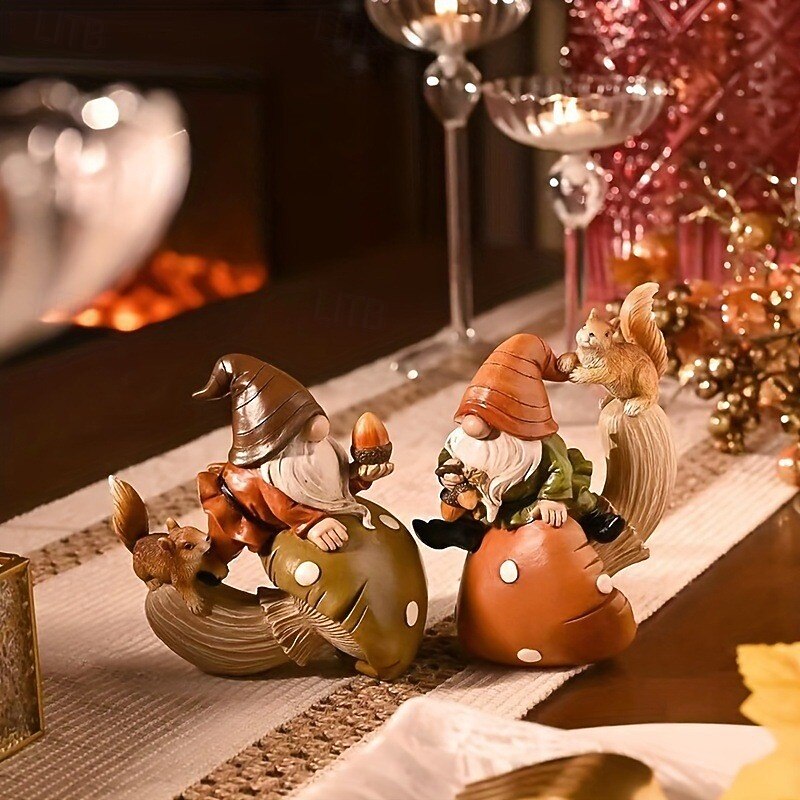 Gnome Resin Figurine with Mushroom and Squirrel, Garden Gnome Outdoor Decor, Cute Statue for Home, Yard, Lawn, Party Gift