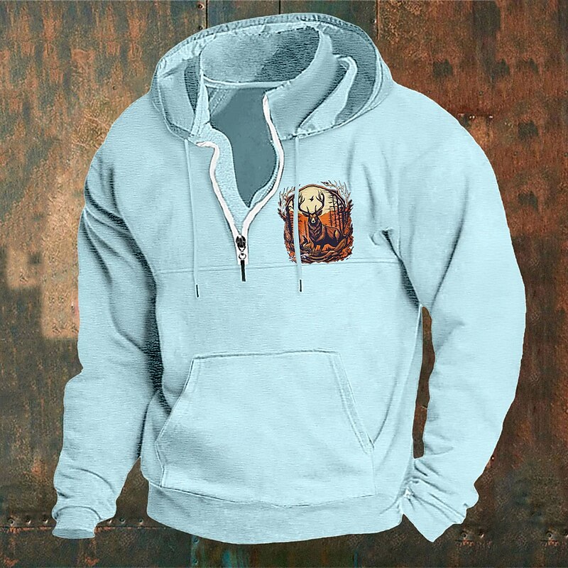 Men's Hoodie Wine Navy Blue Green Khaki Light Grey Hooded Elk Front Pocket Quarter Zip Daily Holiday Going out Polyester Streetwear Casual Bavarian Fall Winter Clothing Apparel Hoodies Sweatshirts4