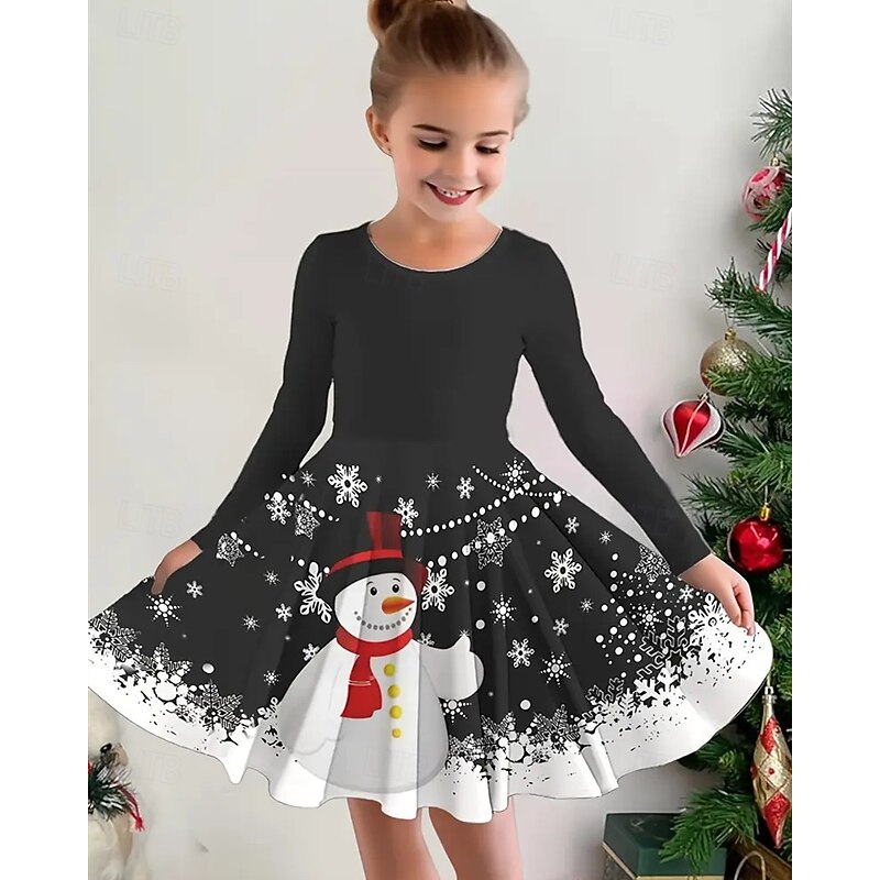 Girls' 3D Snowman Snowflake Dress Long Sleeve Summer Spring Vacation Daily Holiday Princess Beautiful Sweet Kids 4-12 Years Casual Dress A Line Dress Knee-length Regular Fit2