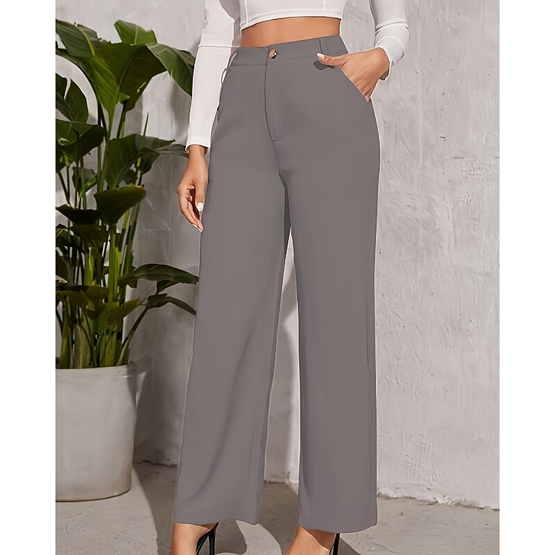 Women's Wide Leg Slacks Streetwear Casual Full Length Natural Plain Pocket Elastic Waist Comfortable Outdoor Holiday claret Depression Green Grey Black Fall Regular Fit
