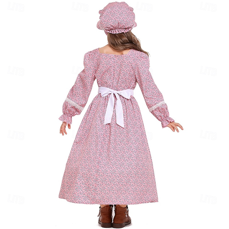 19th Century 1800s Old West Prairie Dress Bonnet and Apron Set Pioneer Floral Fancy Dress Girls' Halloween Carnival World Book Day School Event Dress Up Historical reenactment Dress Apron Hat3