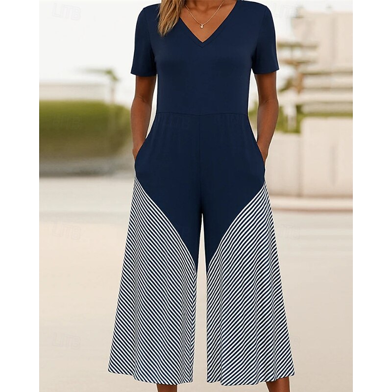 Women's Normal Jumpsuit Streetwear Striped Short Sleeve Wide Leg V Neck Pocket Print Street Daily Regular Fit Navy Blue Summer