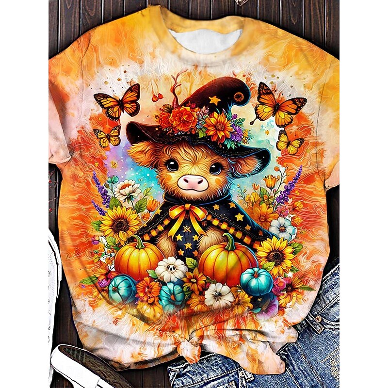Halloween Women's T Shirt Graphic Animal Cow Cute Stylish Casual Short Sleeve Crew Neck Round Neck Regular Tops Daily Print Black Yellow Orange Summer Fall