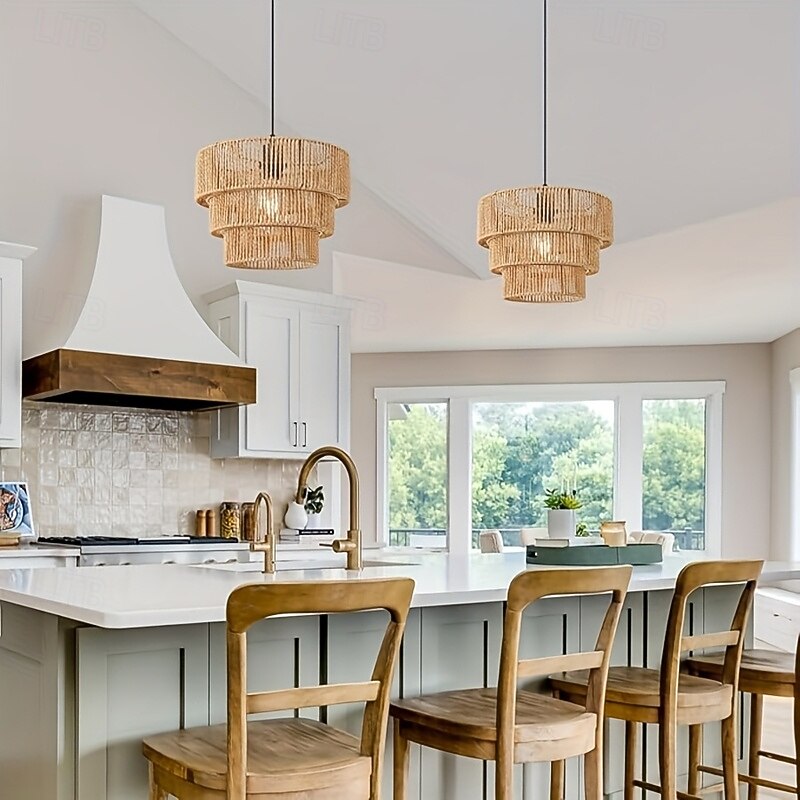 Country Vintage 3-Tier Jute Rope Pendant Light, Hand-Woven Organic Design, Warm White/White Light, E26/E27, Adjustable Chain4