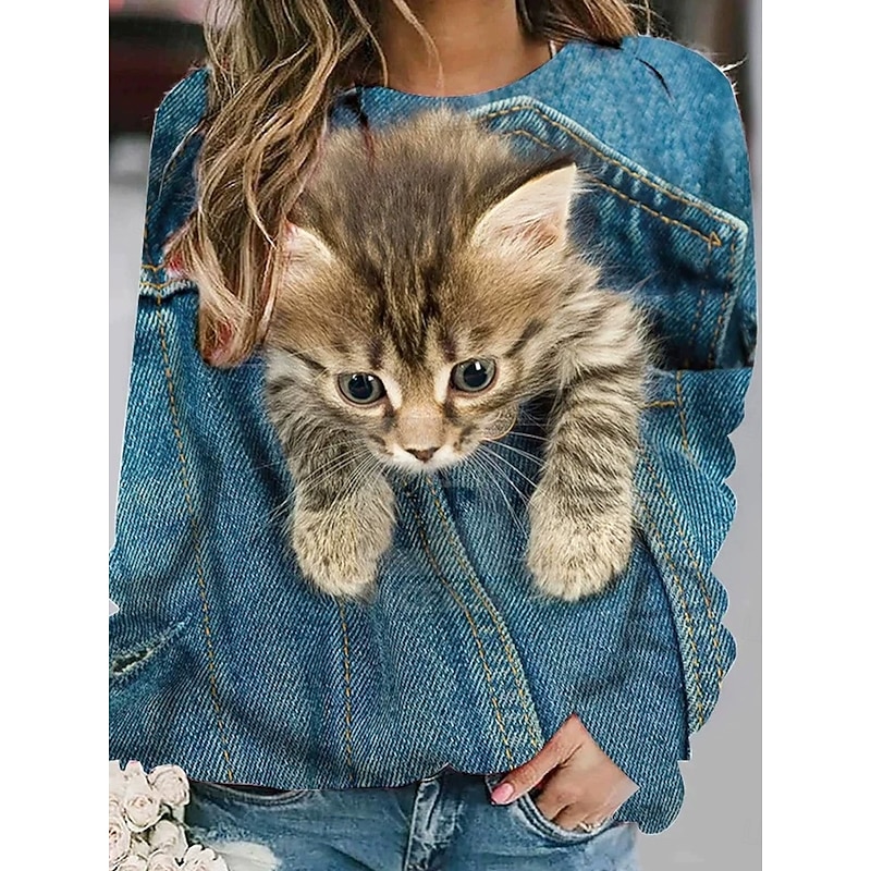 Women's Pullover Sweatshirt Hoodies Graphic Animal Cat Fashion Casual Long Sleeve Crew Neck Round Neck Regular Tops Street Dailywear Print Denim Blue Spring Fall Winter