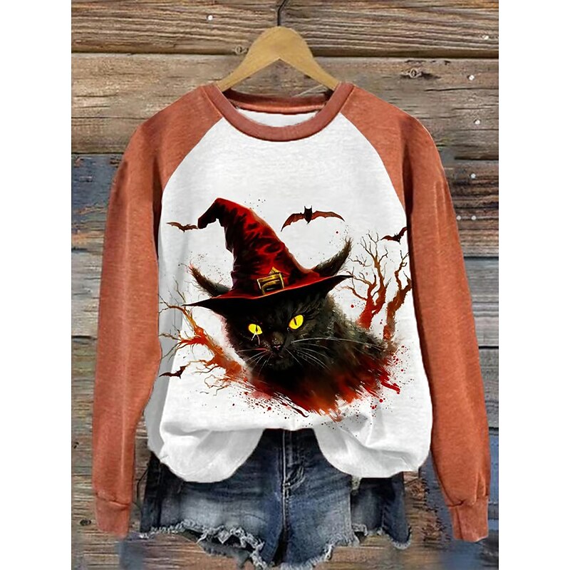 Halloween Women's Pullover Sweatshirt Black Cat Graphic Animal Fashion Casual Long Sleeve Crew Neck Regular Tops Street Dailywear Casual Print Black Orange Green Fall Winter