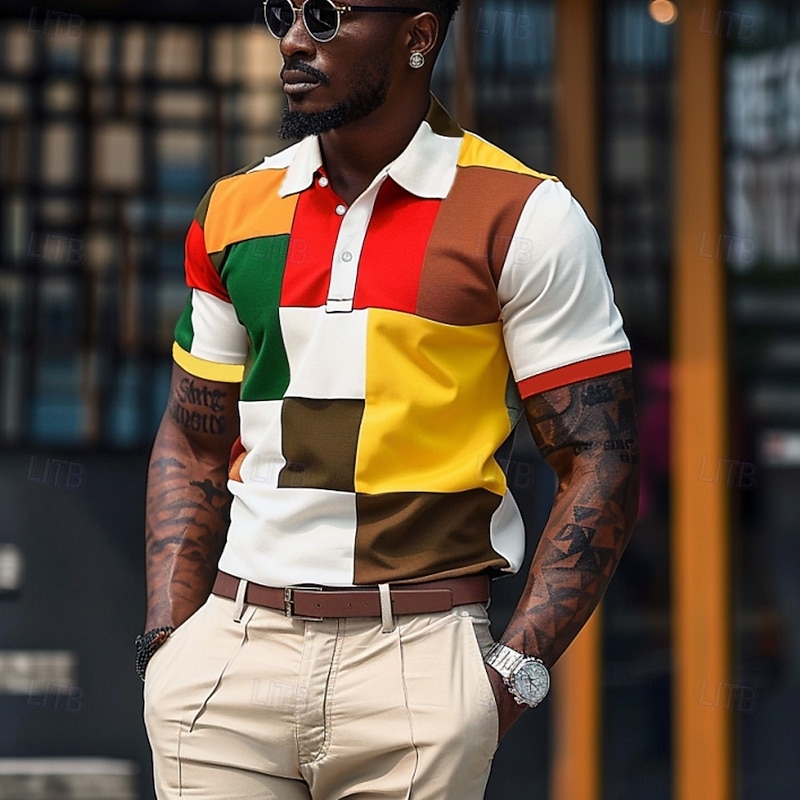Men's Color Block Polo Short Sleeve Polo Shirts Collared Shirts Casual School Outdoor Daily Wear 3D Print Summer Rainbow