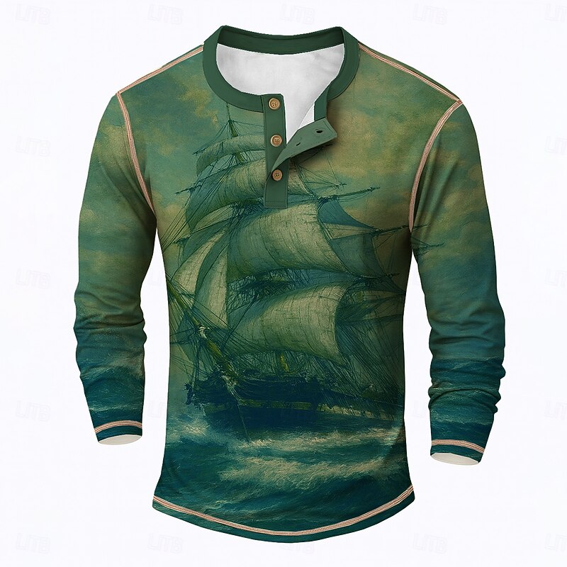 Men's Graphic Sailboat Henley Shirt Tee Long Sleeve Vintage Fashion Designer Outdoor Casual Daily Spring &  Fall All Seasons Brown Green Henley Henley T-Shirt2